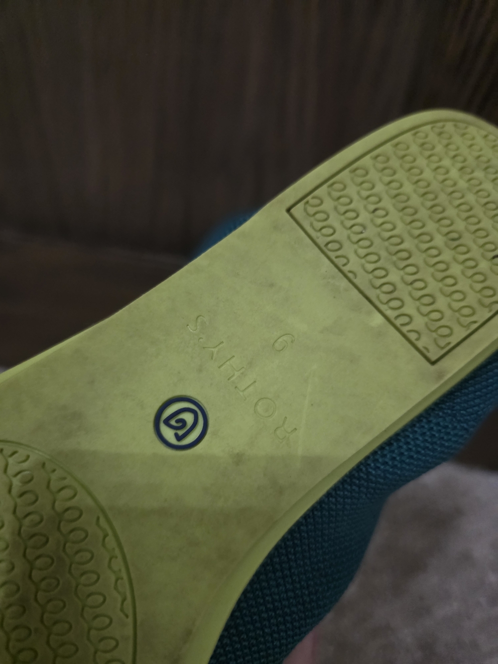 Rothy's Teal Slip-On Flats with Lime Trim - Picture 4 of 5
